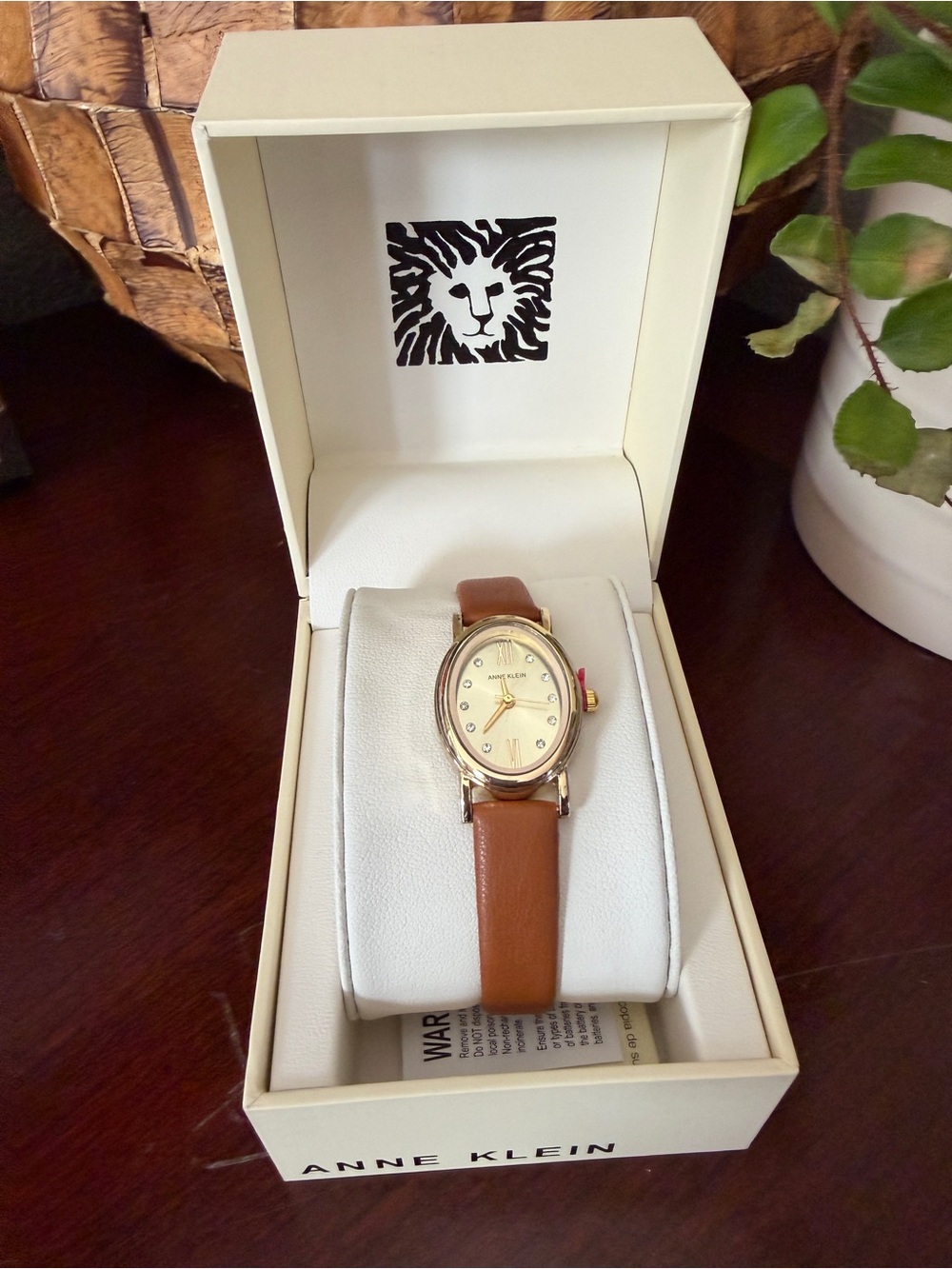 Anne Klein Gold Tone Oval Watch with Brown Leather Strap